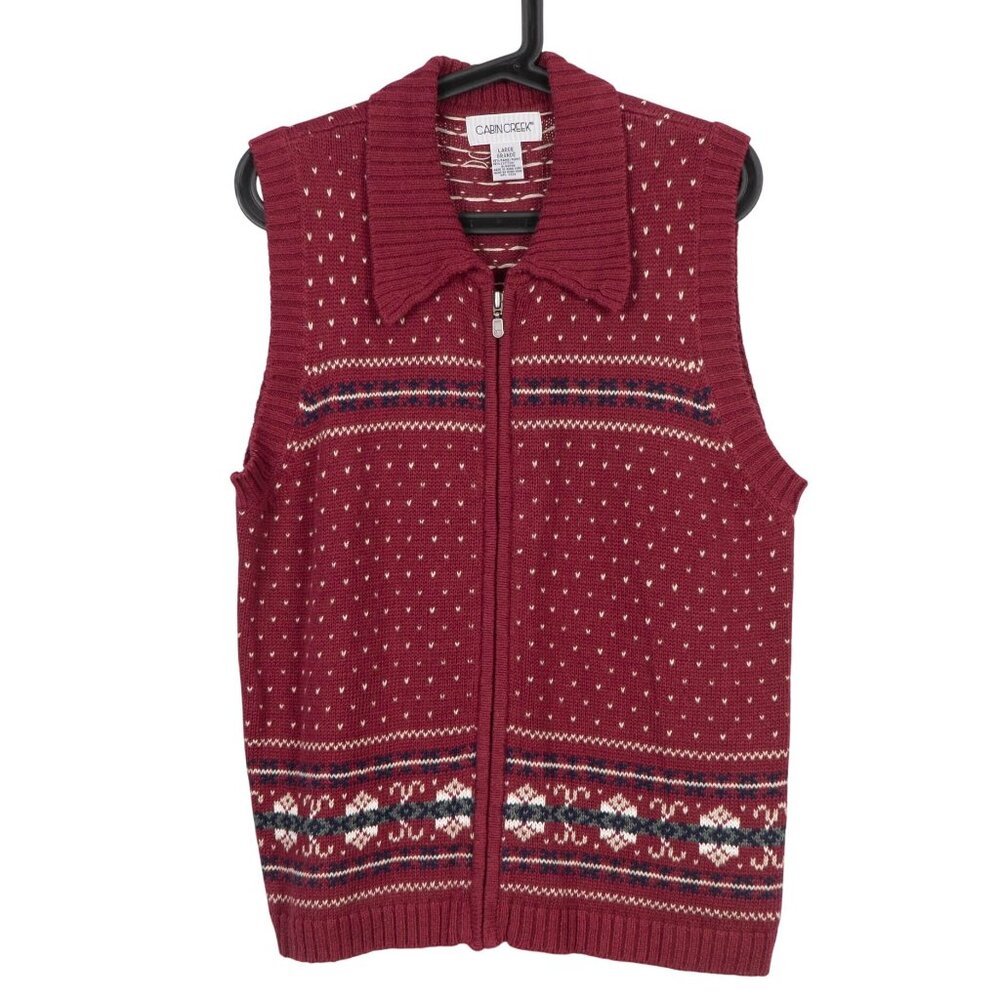 Cabin Creek Sweater Vest L Womens VTG Red Fair Isle Knit Zip Front Ramie Cotton